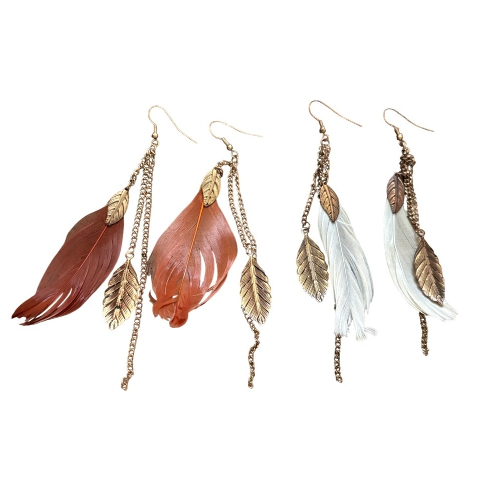 Boho Feather Leaf Dangle Earrings Set Bronze Tone Orange White Festival 5"